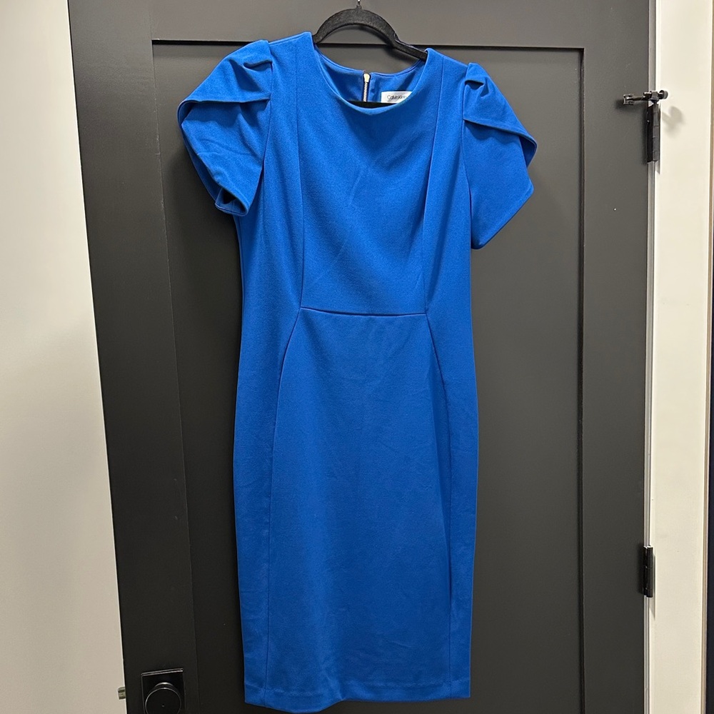 Calvin Klein Royal Blue Midi Dress with Pleated Cap Sleeves